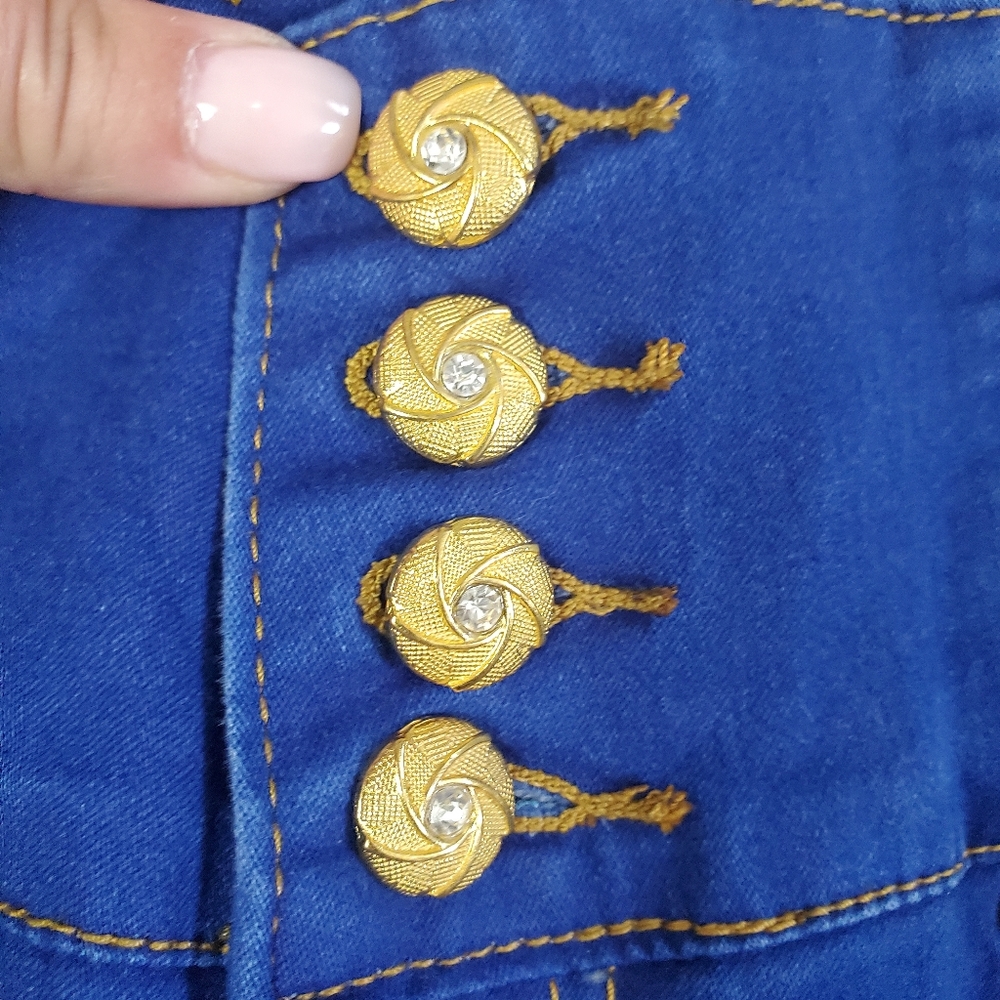 TUSH PUSH~BLUE 4 BUTTON HIGH-RISE JEGGINGS WITH TEXTURED ACCENTS! - Picture 3 of 16